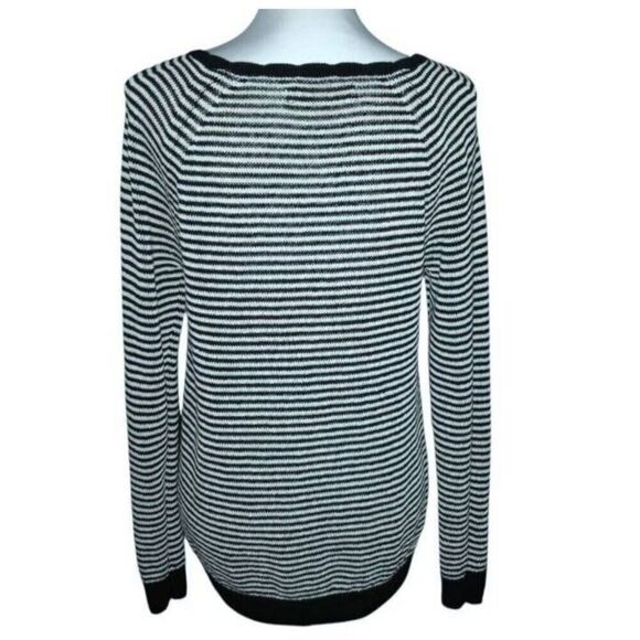 LOFT BLACK & WHITE STRIPE V-NECK SWEATER SZ.M EUC. - Picture 3 of 5